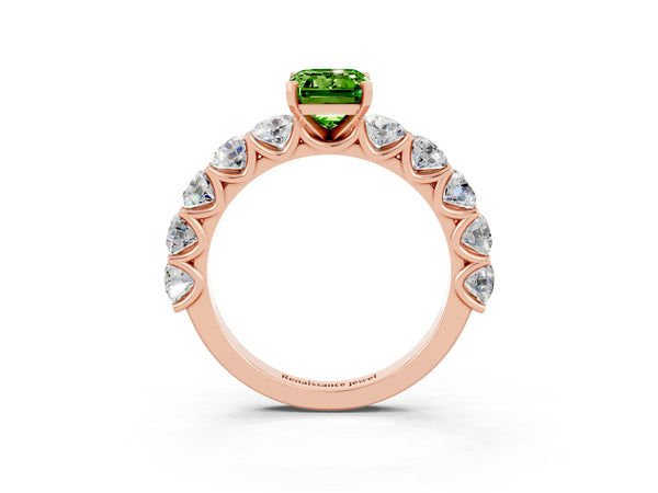 Rose gold Emerald Cut Peridot Prong Setting with Side Stones on a Pave Band