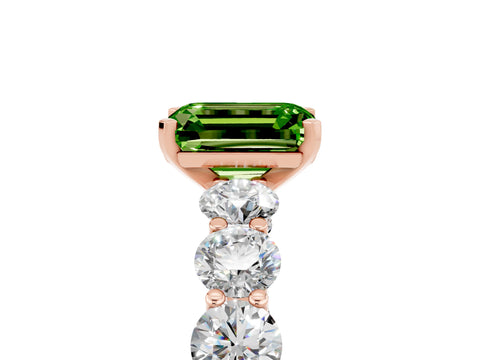Rose gold Emerald Cut Peridot Prong Setting with Side Stones on a Pave Band_5
