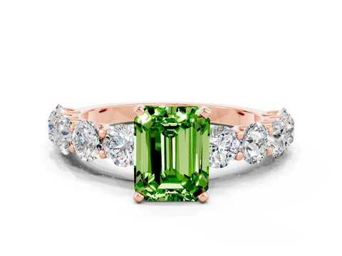 Rose gold Emerald Cut Peridot Prong Setting with Side Stones on a Pave Band