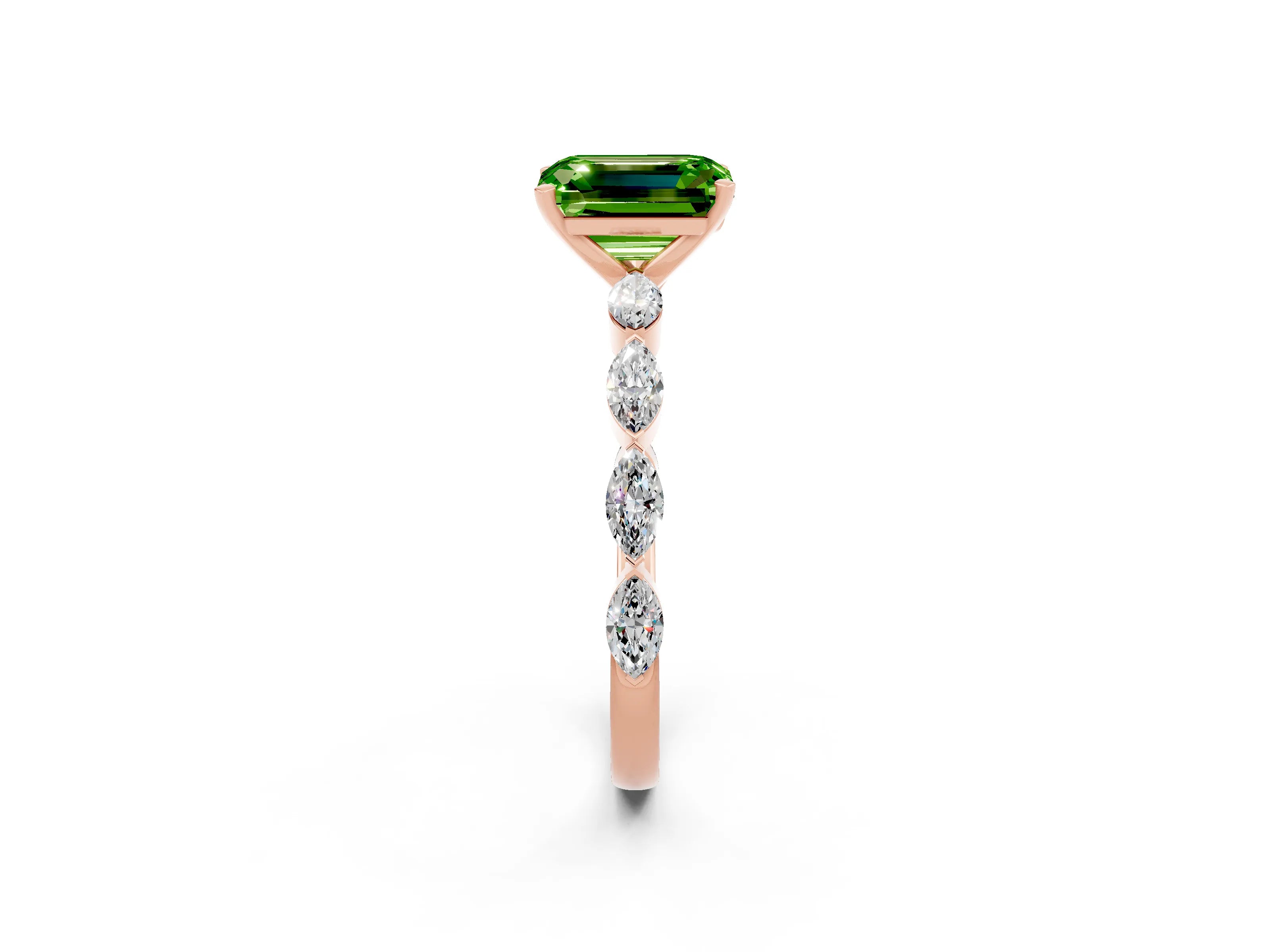 Rose gold Emerald Cut Peridot Ring with Marquise Side Stones and Prong Setting_2