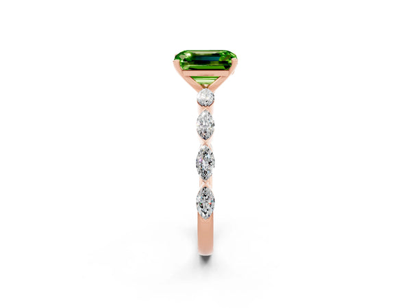 Rose gold Emerald Cut Peridot Ring with Marquise Side Stones and Prong Setting
