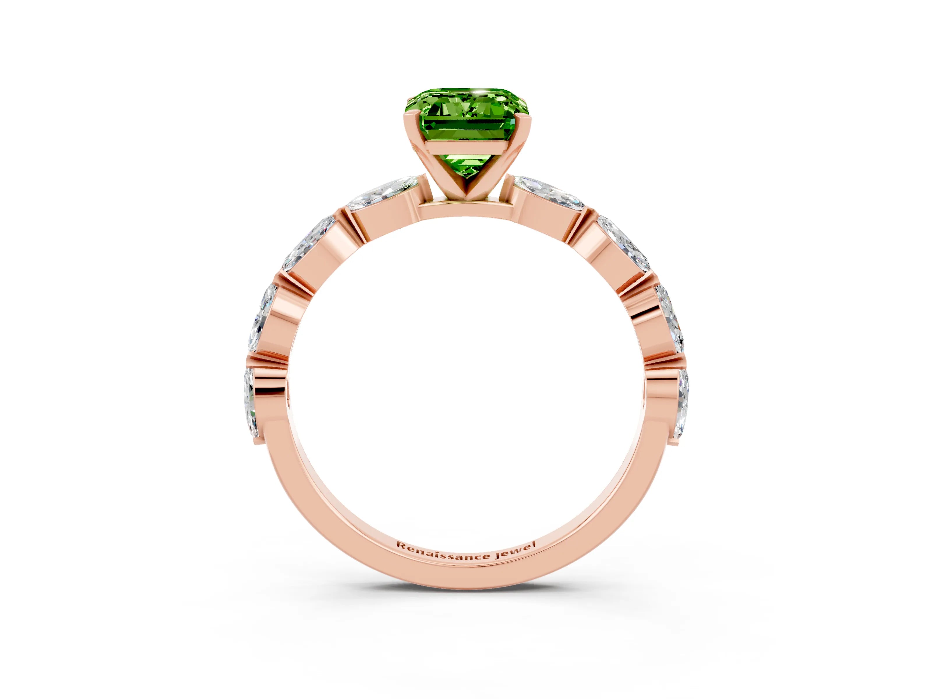 Rose gold Emerald Cut Peridot Ring with Marquise Side Stones and Prong Setting_3