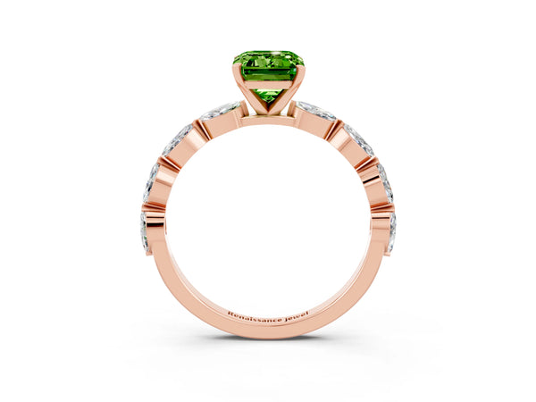 Rose gold Emerald Cut Peridot Ring with Marquise Side Stones and Prong Setting