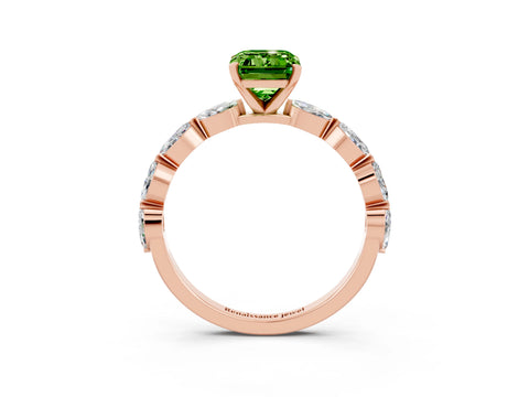 Rose gold Emerald Cut Peridot Ring with Marquise Side Stones and Prong Setting_3
