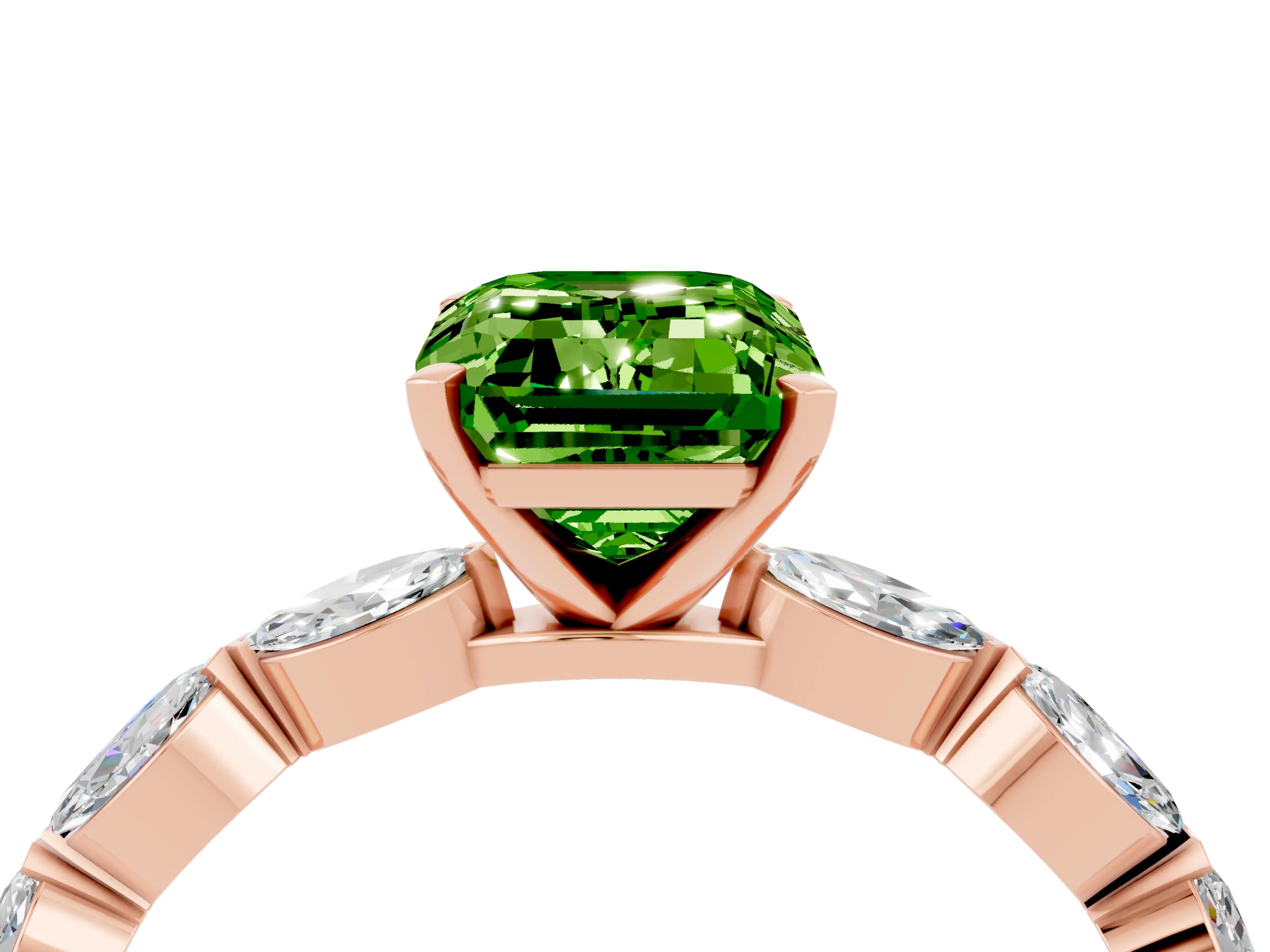 Rose gold Emerald Cut Peridot Ring with Marquise Side Stones and Prong Setting_4