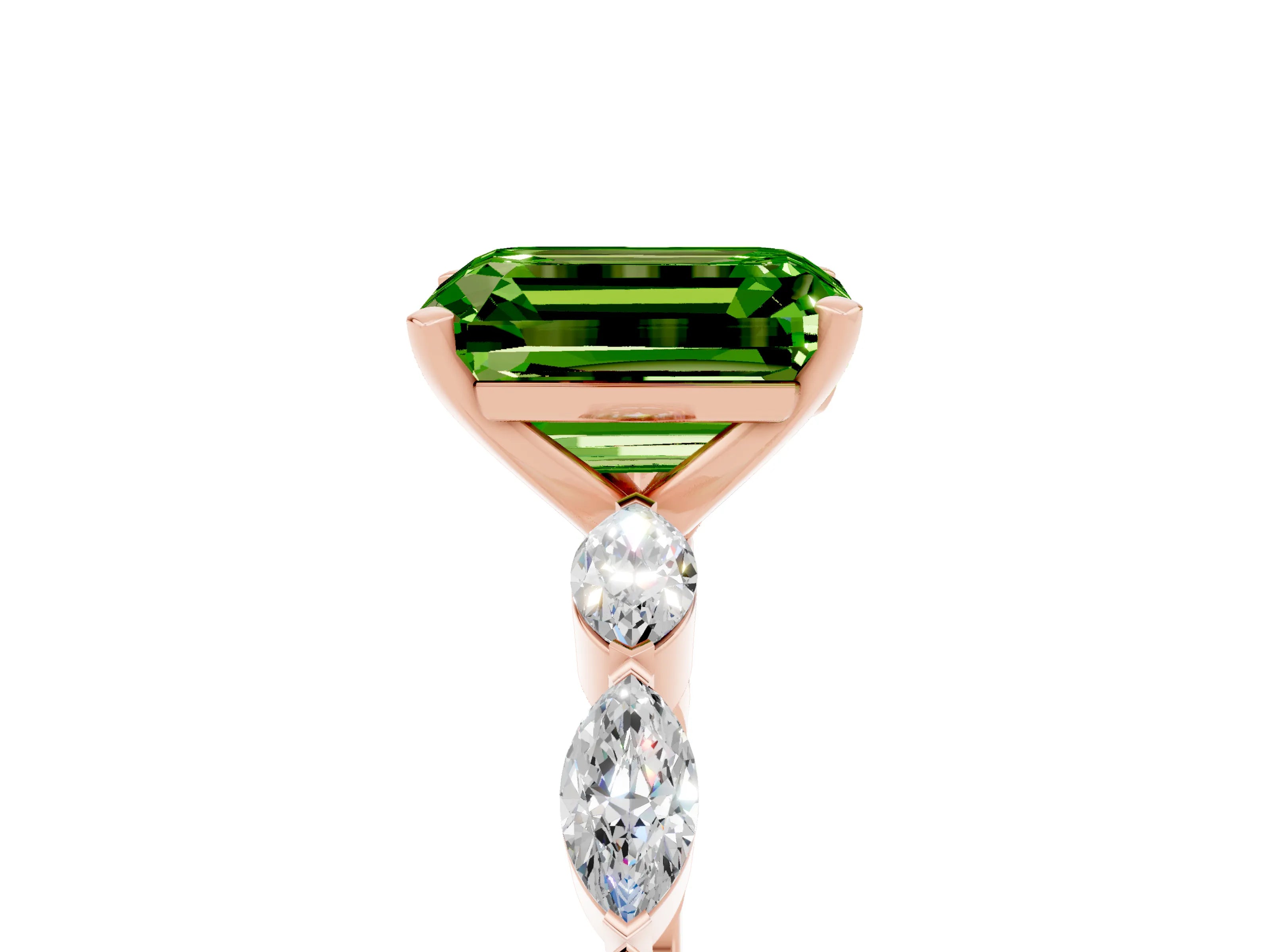 Rose gold Emerald Cut Peridot Ring with Marquise Side Stones and Prong Setting_5