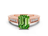 Rose gold Emerald Cut Peridot Ring with Milgrain Pavé Band and Four-Prong Setting_12