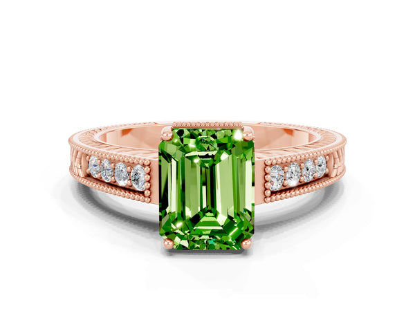 Rose gold Emerald Cut Peridot Ring with Milgrain Pavé Band and Four-Prong Setting