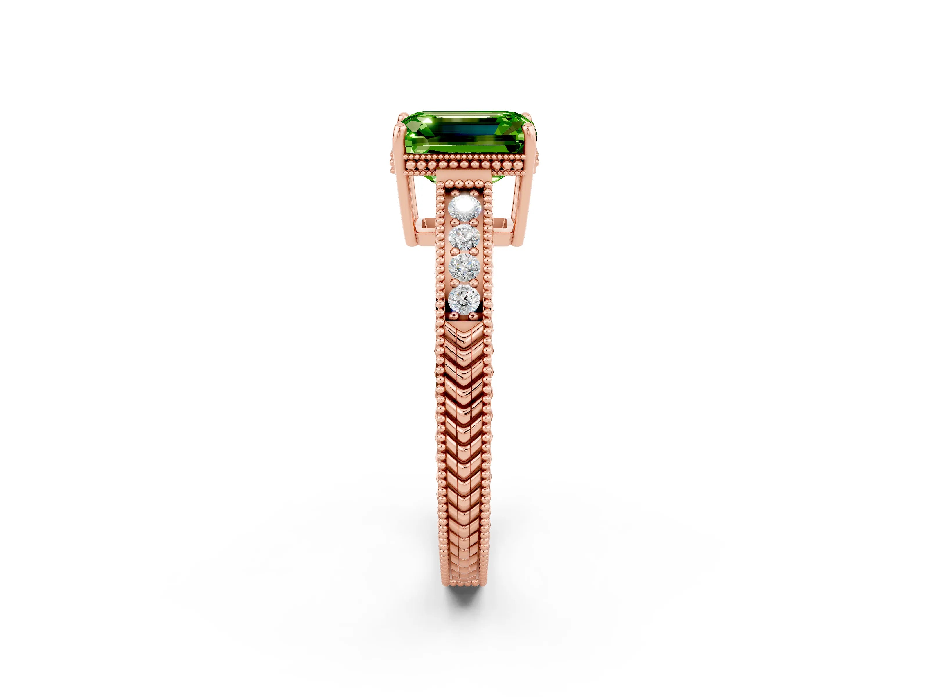 Rose gold Emerald Cut Peridot Ring with Milgrain Pavé Band and Four-Prong Setting_14