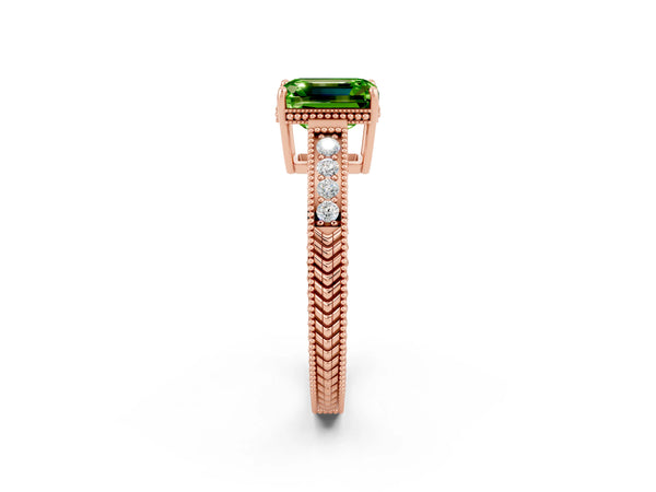 Rose gold Emerald Cut Peridot Ring with Milgrain Pavé Band and Four-Prong Setting