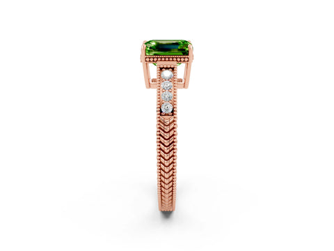 Rose gold Emerald Cut Peridot Ring with Milgrain Pavé Band and Four-Prong Setting_14