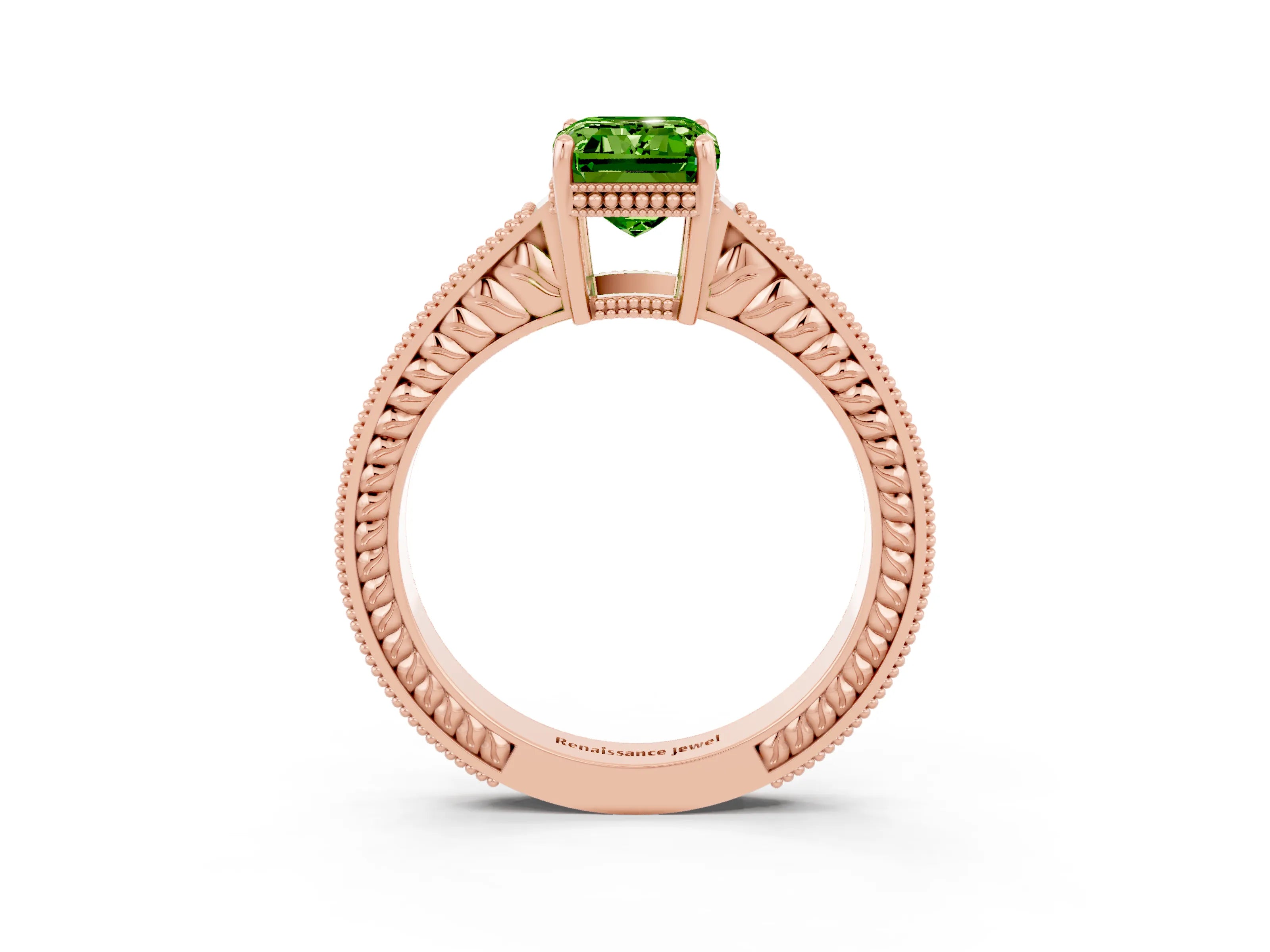 Rose gold Emerald Cut Peridot Ring with Milgrain Pavé Band and Four-Prong Setting_15