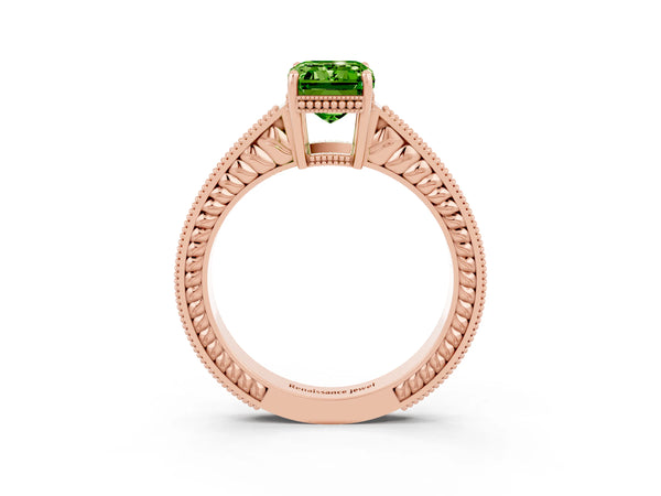 Rose gold Emerald Cut Peridot Ring with Milgrain Pavé Band and Four-Prong Setting