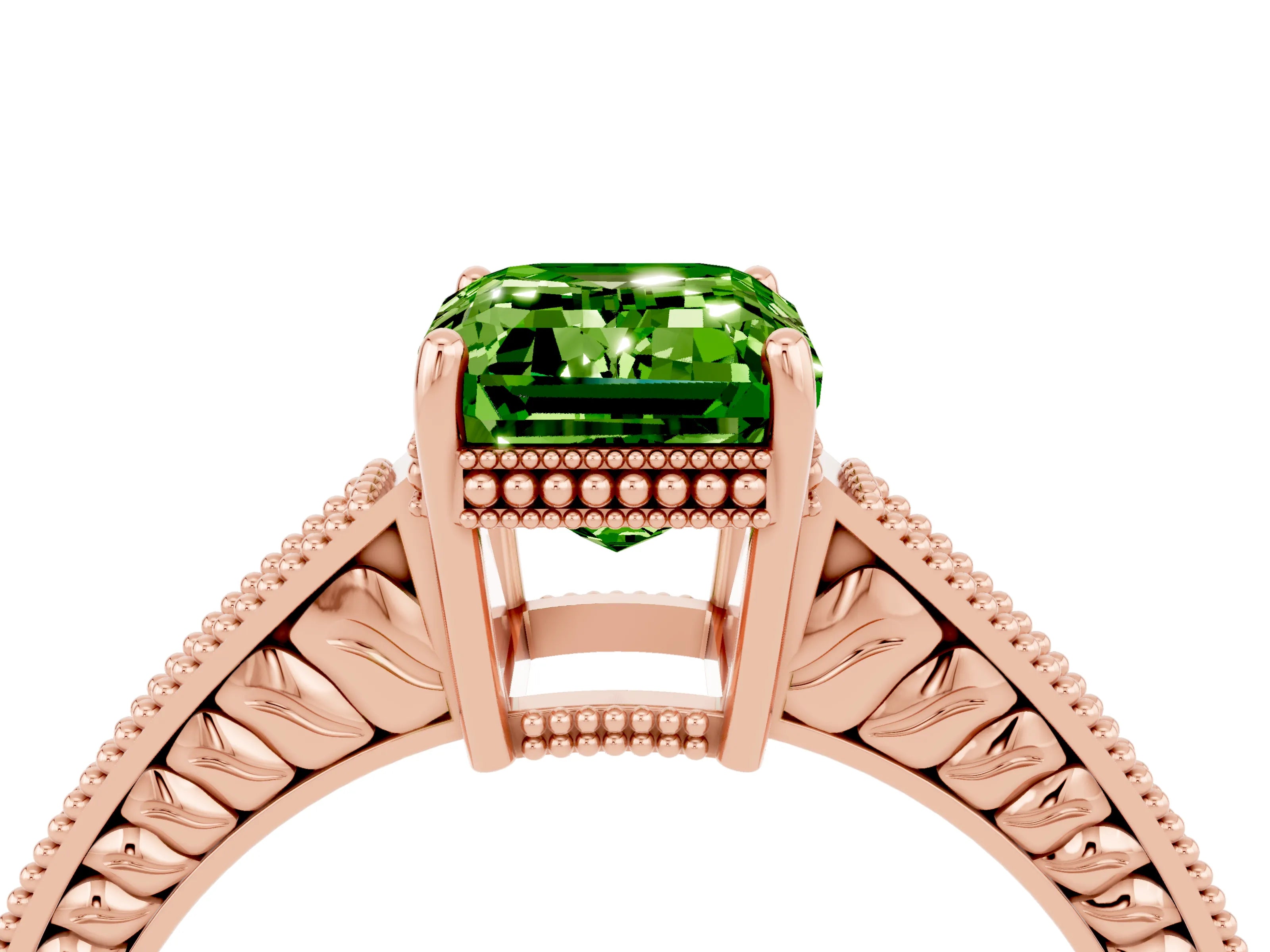 Rose gold Emerald Cut Peridot Ring with Milgrain Pavé Band and Four-Prong Setting_16
