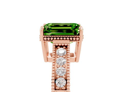 Rose gold Emerald Cut Peridot Ring with Milgrain Pavé Band and Four-Prong Setting_17