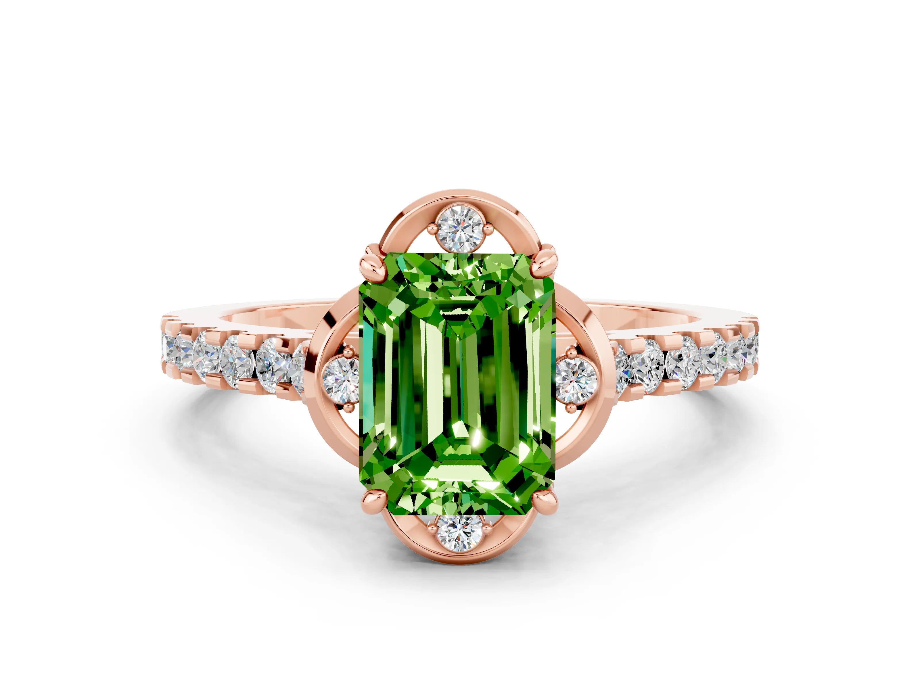 Rose gold Emerald Cut Peridot Ring with Pavé Band and Floral Prong Setting