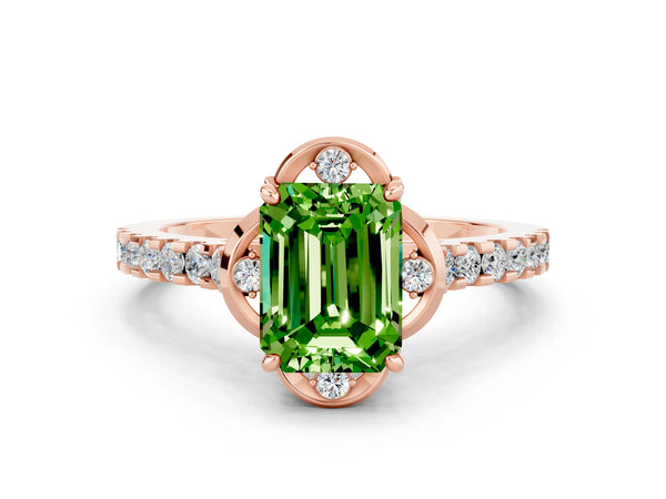 Rose gold Emerald Cut Peridot Ring with Pavé Band and Floral Prong Setting