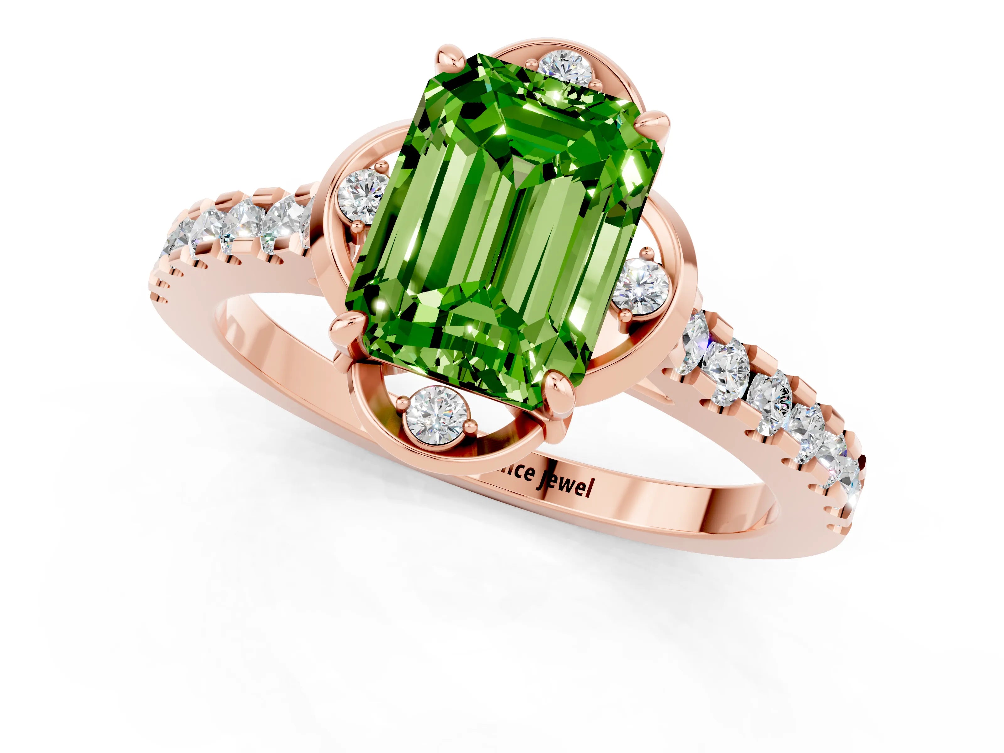 Rose gold Emerald Cut Peridot Ring with Pavé Band and Floral Prong Setting_1