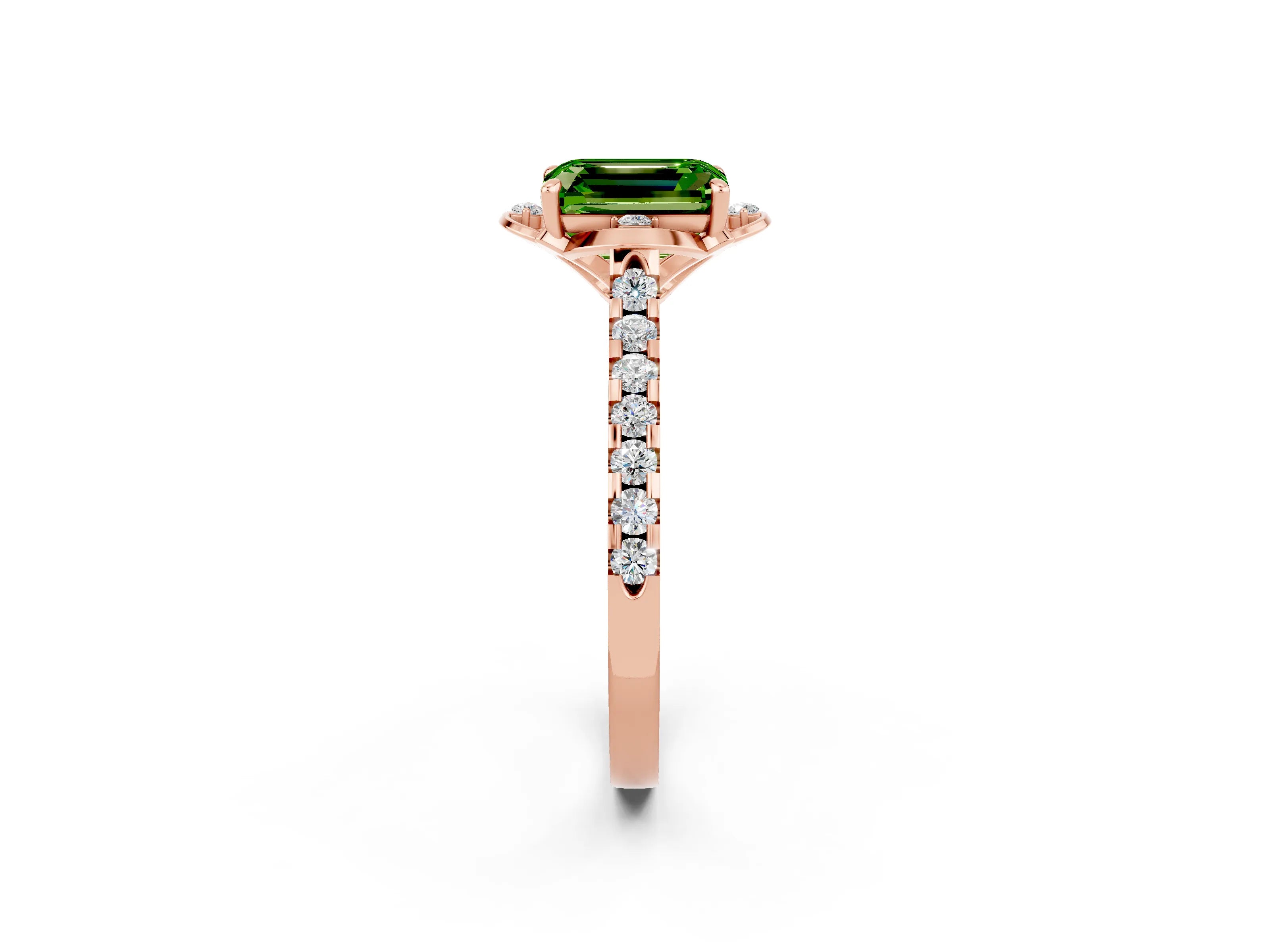 Rose gold Emerald Cut Peridot Ring with Pavé Band and Floral Prong Setting_2