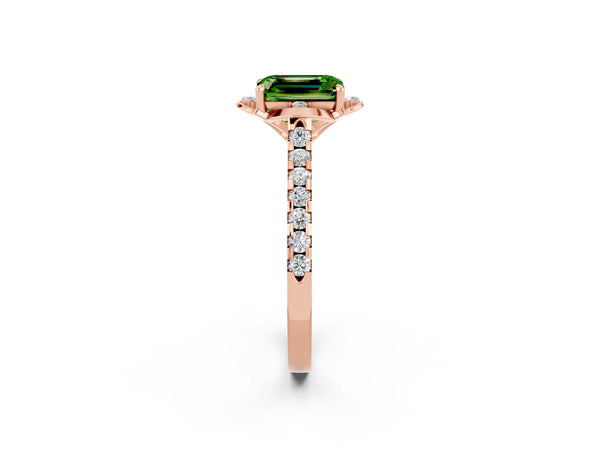 Rose gold Emerald Cut Peridot Ring with Pavé Band and Floral Prong Setting