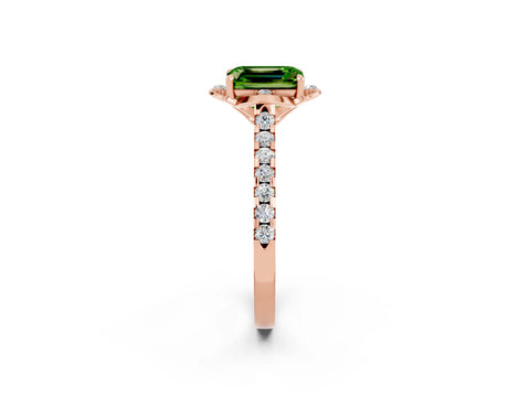 Rose gold Emerald Cut Peridot Ring with Pavé Band and Floral Prong Setting_2