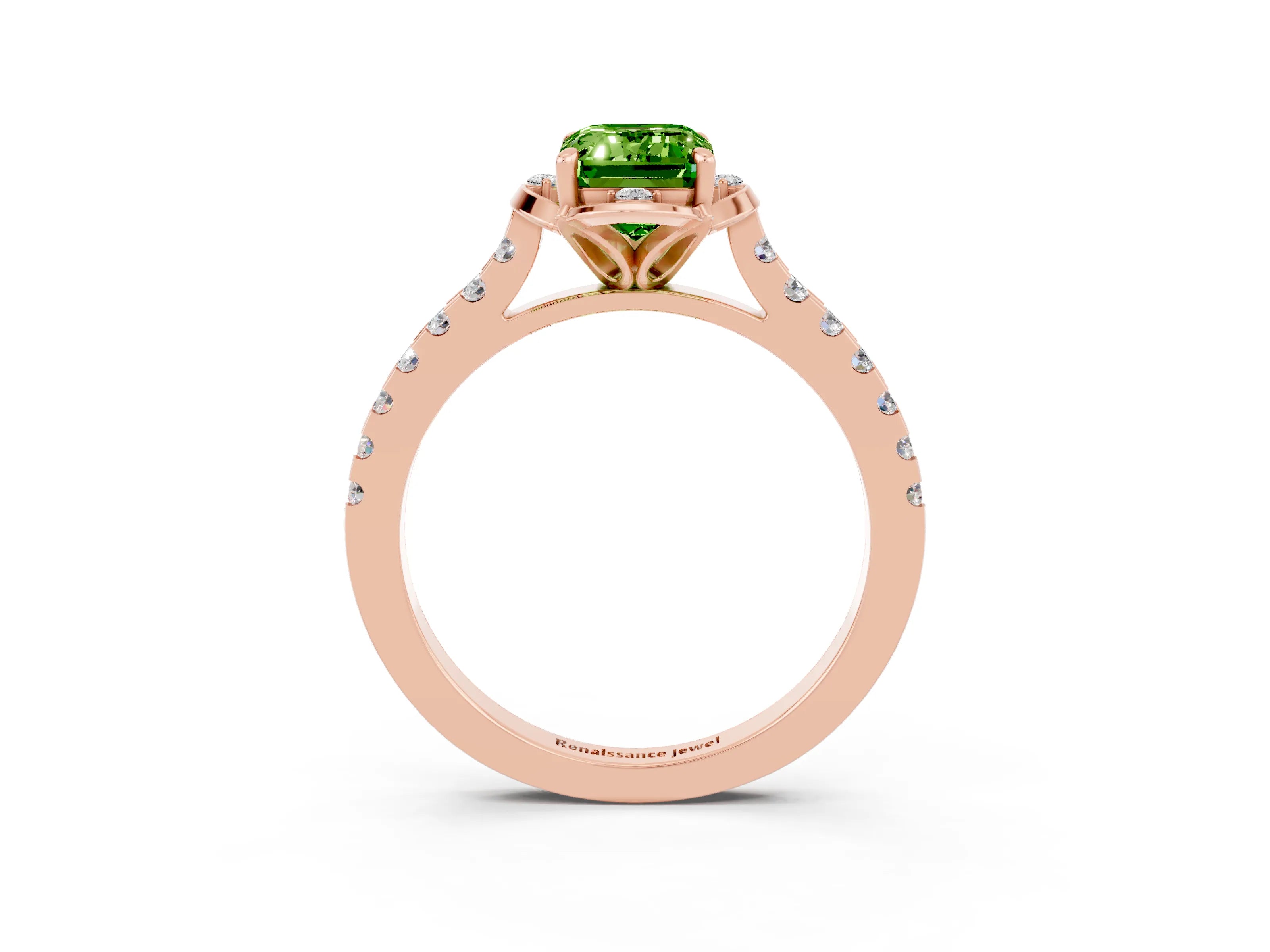 Rose gold Emerald Cut Peridot Ring with Pavé Band and Floral Prong Setting_3