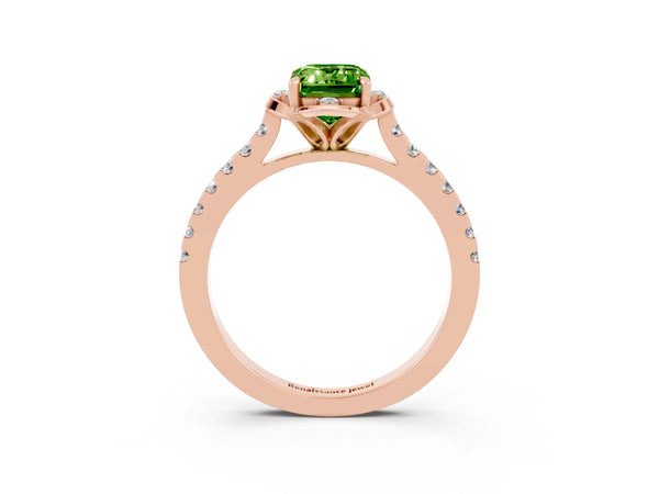 Rose gold Emerald Cut Peridot Ring with Pavé Band and Floral Prong Setting