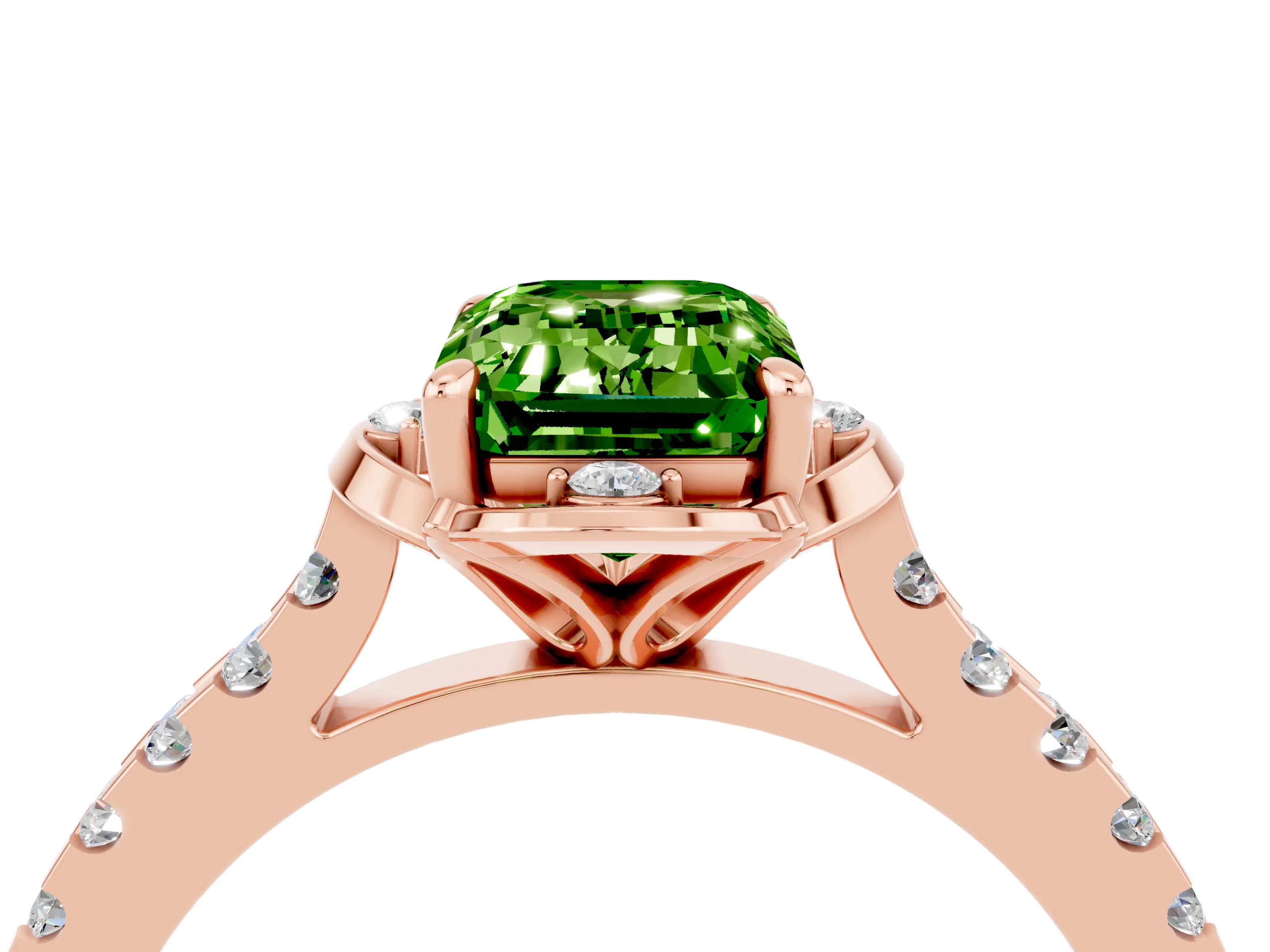 Rose gold Emerald Cut Peridot Ring with Pavé Band and Floral Prong Setting_4