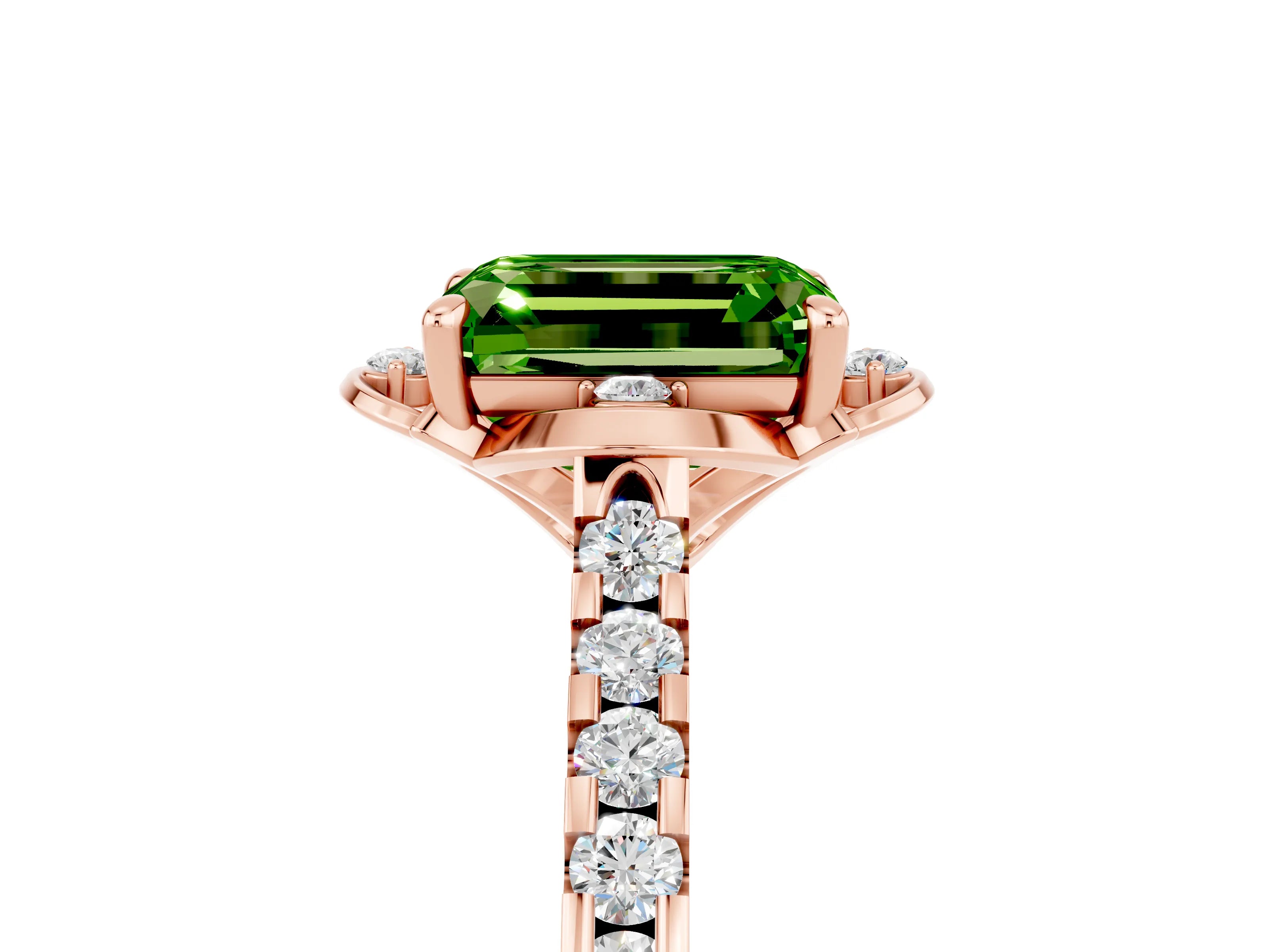 Rose gold Emerald Cut Peridot Ring with Pavé Band and Floral Prong Setting_5