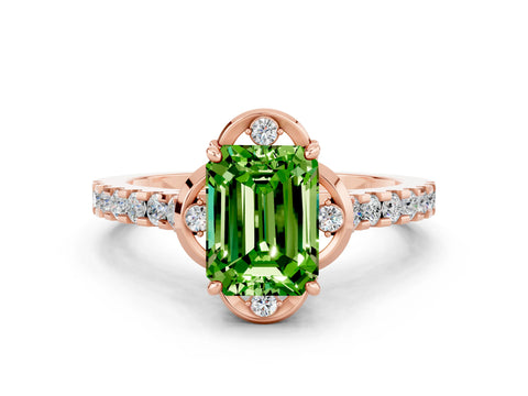Rose gold Emerald Cut Peridot Ring with Pavé Band and Floral Prong Setting