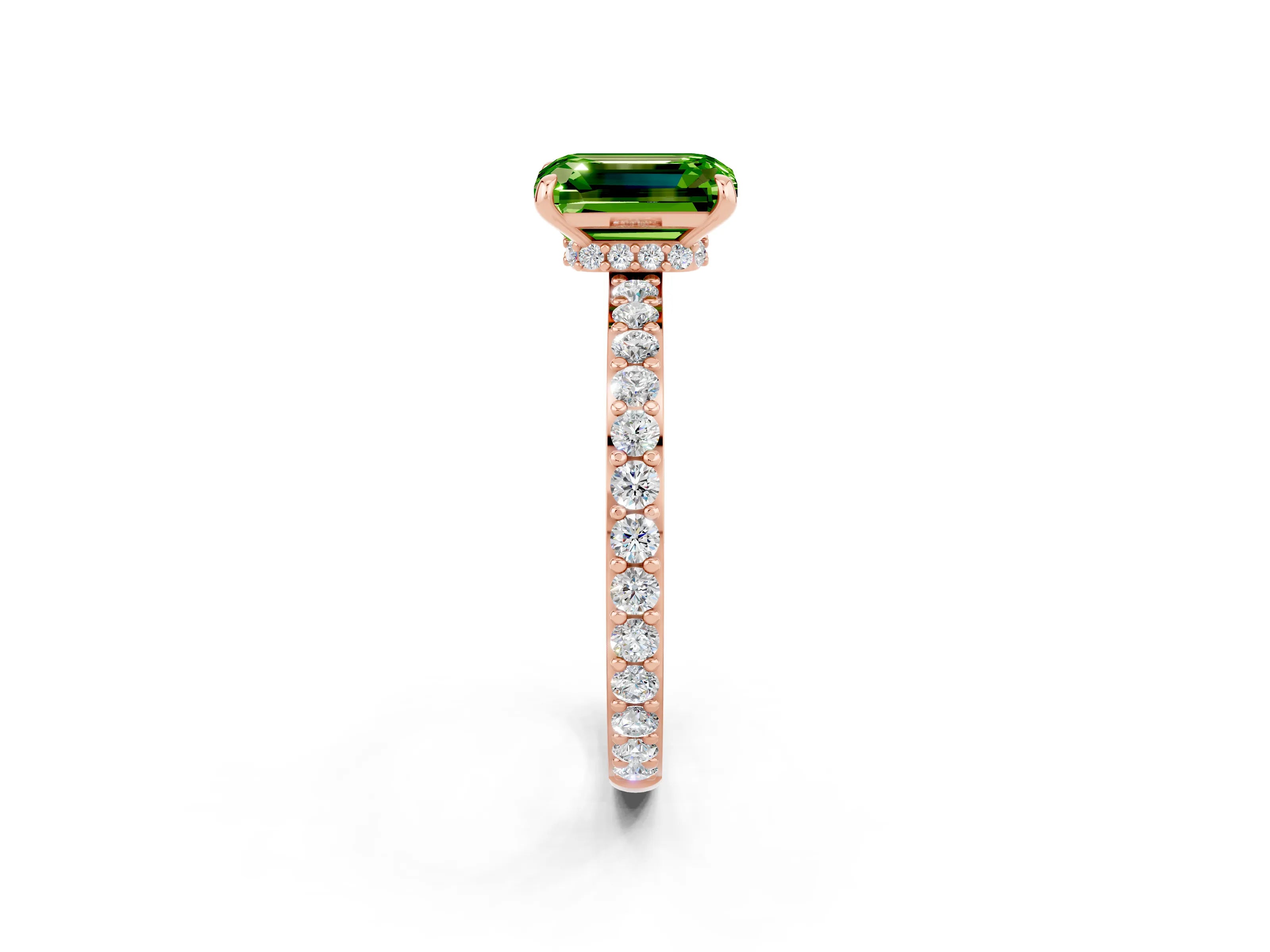 Rose gold Emerald Cut Peridot Ring with Pavé Band and Four-Prong Setting_2