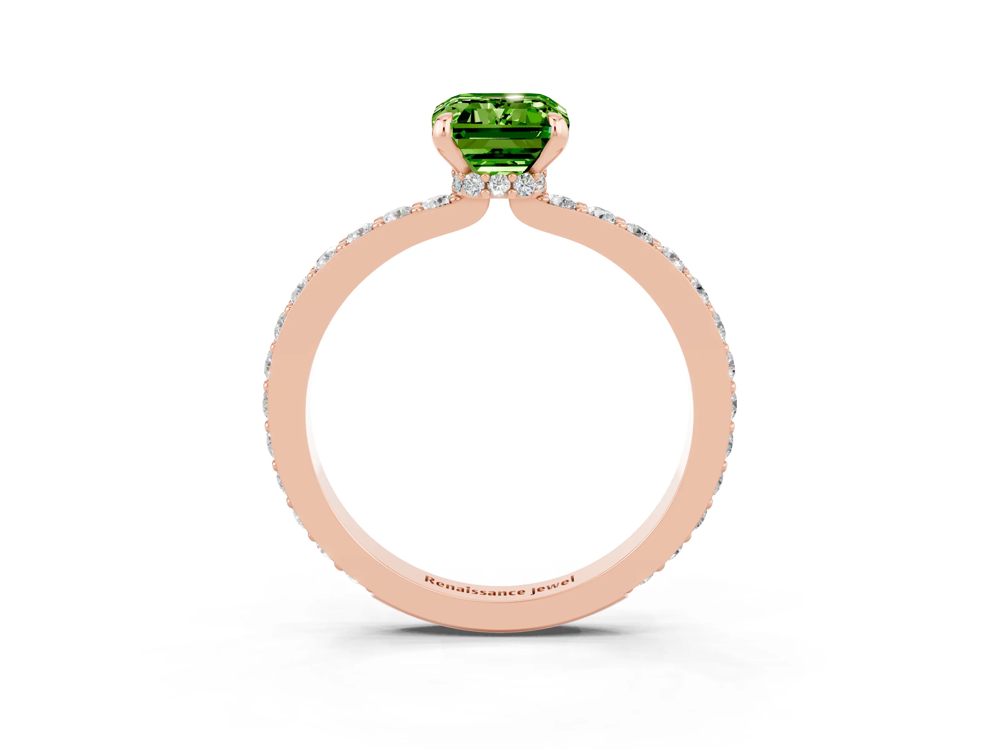 Rose gold Emerald Cut Peridot Ring with Pavé Band and Four-Prong Setting_3