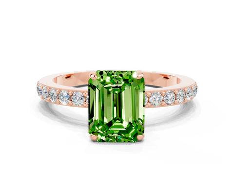 Rose gold Emerald Cut Peridot Ring with Pavé Band and Four-Prong Setting