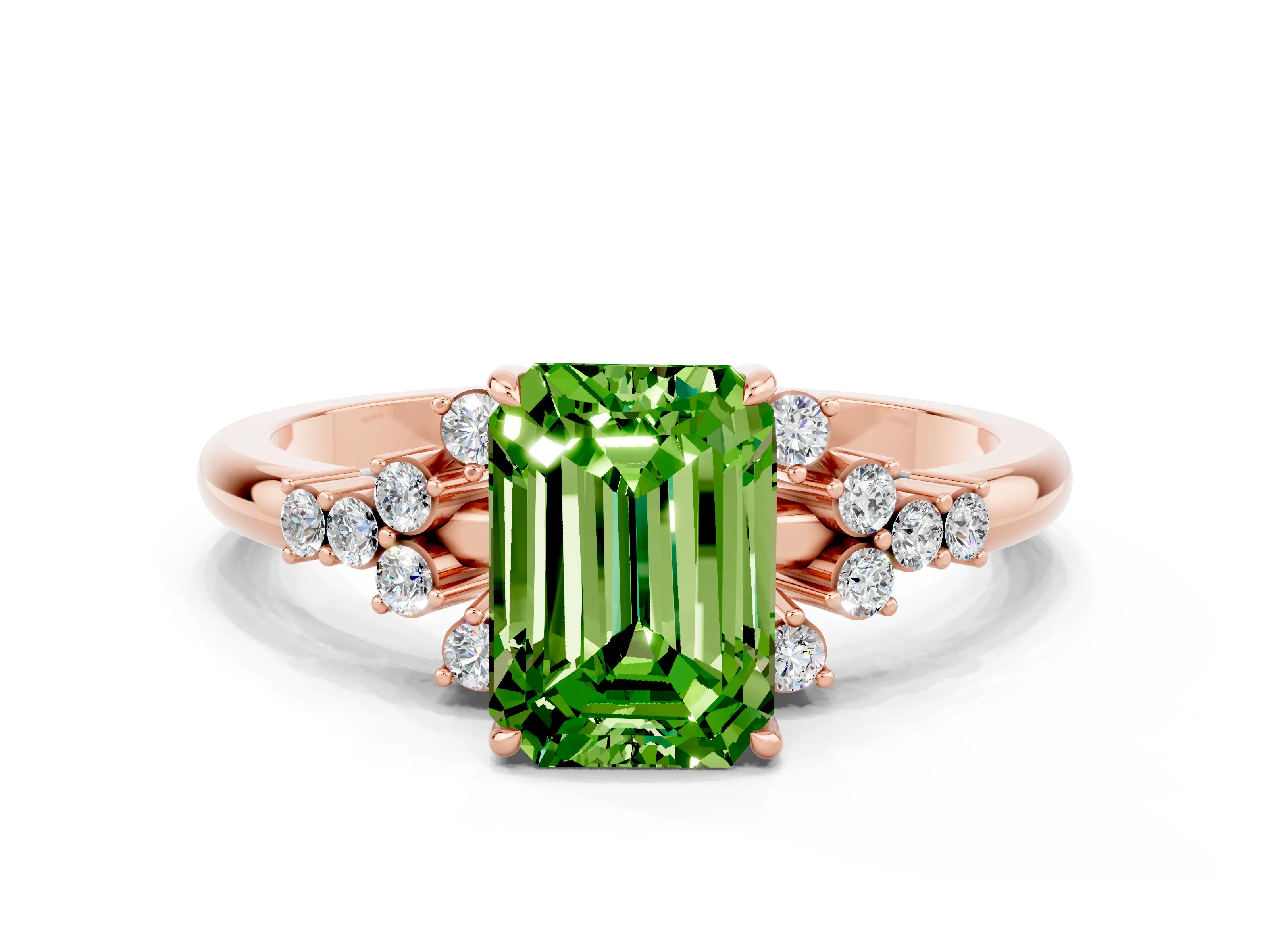 Rose gold Emerald Cut Peridot Ring with Side Stones and Four-Prong Setting_36