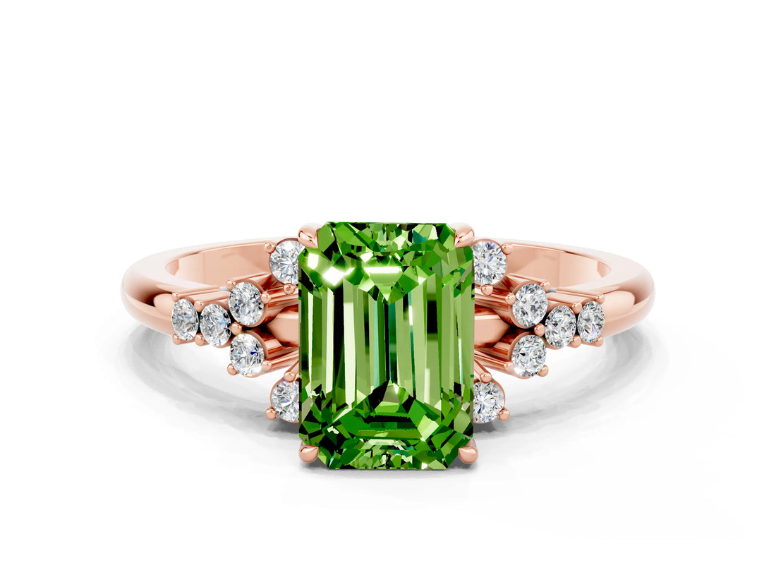 Rose gold Emerald Cut Peridot Ring with Side Stones and Four-Prong Setting_36