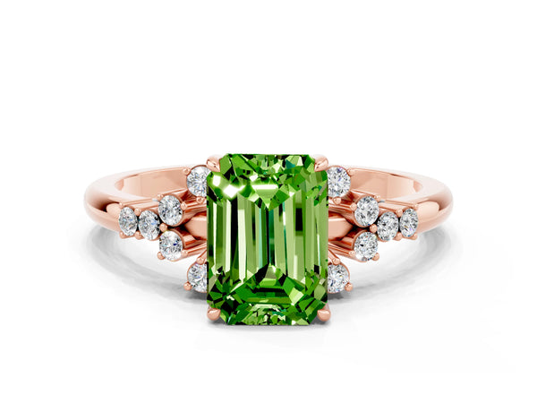 Rose gold Emerald Cut Peridot Ring with Side Stones and Four-Prong Setting