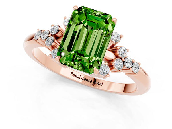 Rose gold Emerald Cut Peridot Ring with Side Stones and Four-Prong Setting