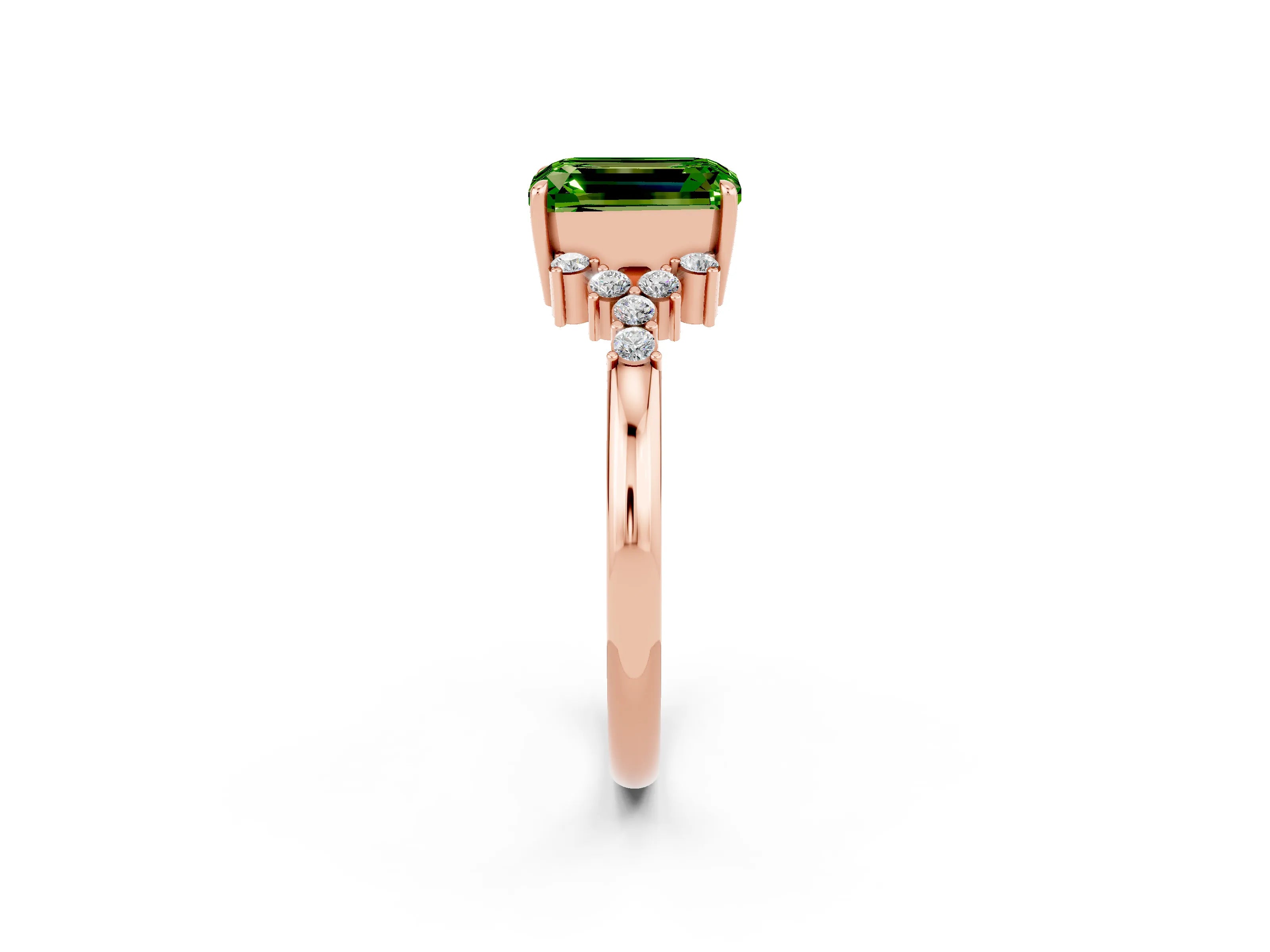 Rose gold Emerald Cut Peridot Ring with Side Stones and Four-Prong Setting_38