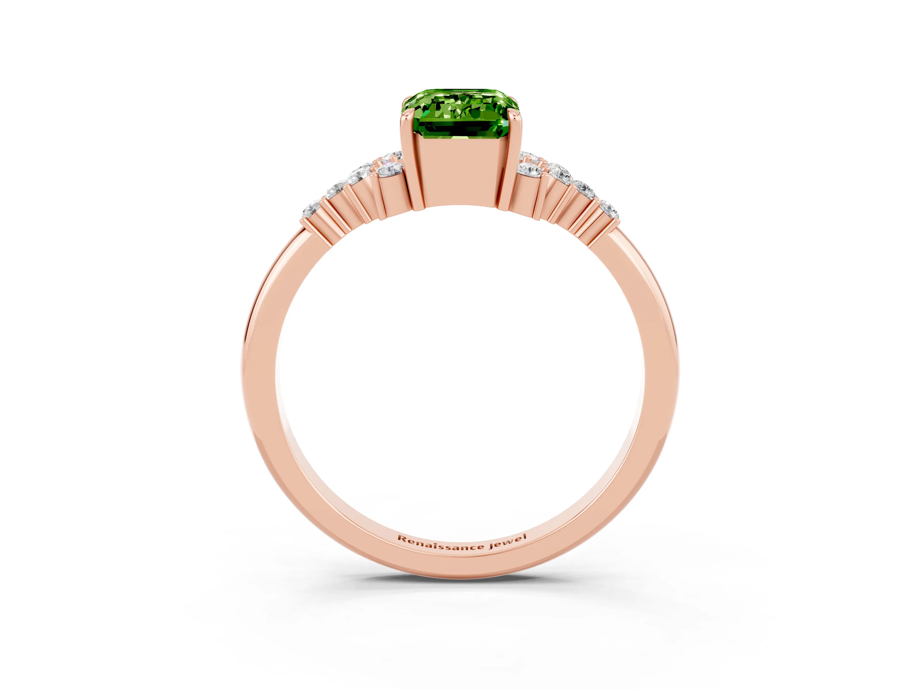 Rose gold Emerald Cut Peridot Ring with Side Stones and Four-Prong Setting_39