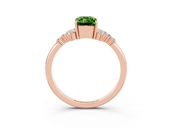 Rose gold Emerald Cut Peridot Ring with Side Stones and Four-Prong Setting
