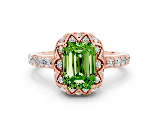 Rose gold Emerald Cut Peridot Scalloped Halo Engagement Ring with Round Shared Prong Band