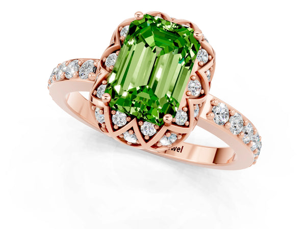 Rose gold Emerald Cut Peridot Scalloped Halo Engagement Ring with Round Shared Prong Band
