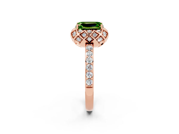 Rose gold Emerald Cut Peridot Scalloped Halo Engagement Ring with Round Shared Prong Band