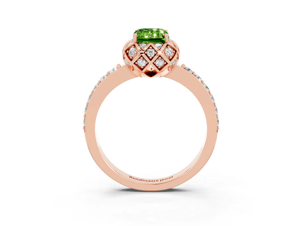 Rose gold Emerald Cut Peridot Scalloped Halo Engagement Ring with Round Shared Prong Band