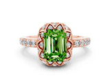 Rose gold Emerald Cut Peridot Scalloped Halo Engagement Ring with Round Shared Prong Band_24
