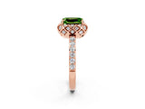 Rose gold Emerald Cut Peridot Scalloped Halo Engagement Ring with Round Shared Prong Band_26