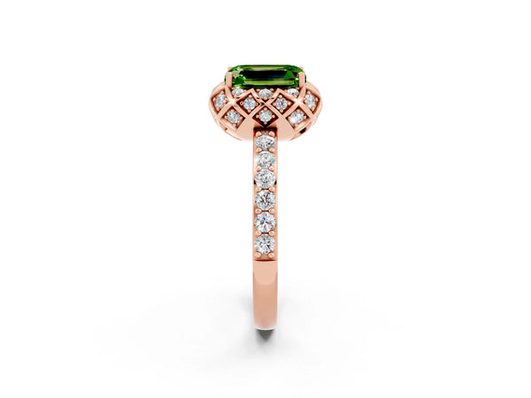 Rose gold Emerald Cut Peridot Scalloped Halo Engagement Ring with Round Shared Prong Band