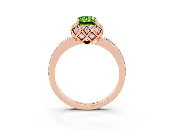 Rose gold Emerald Cut Peridot Scalloped Halo Engagement Ring with Round Shared Prong Band