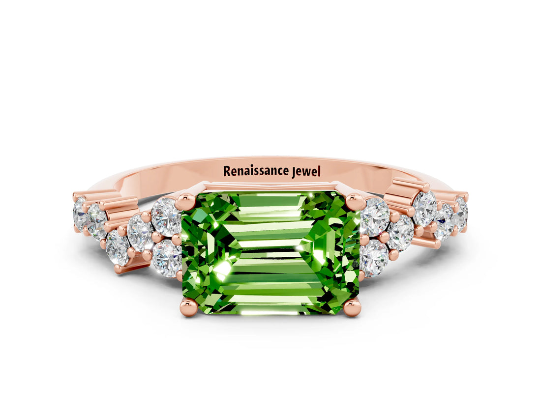 Rose gold Emerald Cut Peridot Scattered Round Accent Ring with Prong Setting_12
