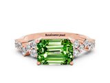 Rose gold Emerald Cut Peridot Scattered Round Accent Ring with Prong Setting_12